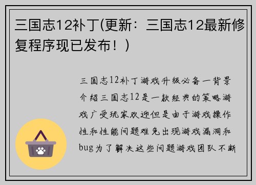 三国志12补丁(更新：三国志12最新修复程序现已发布！)